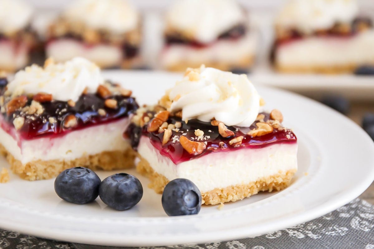 Summer Recipes - Two slices of blueberry delight on a white plate.