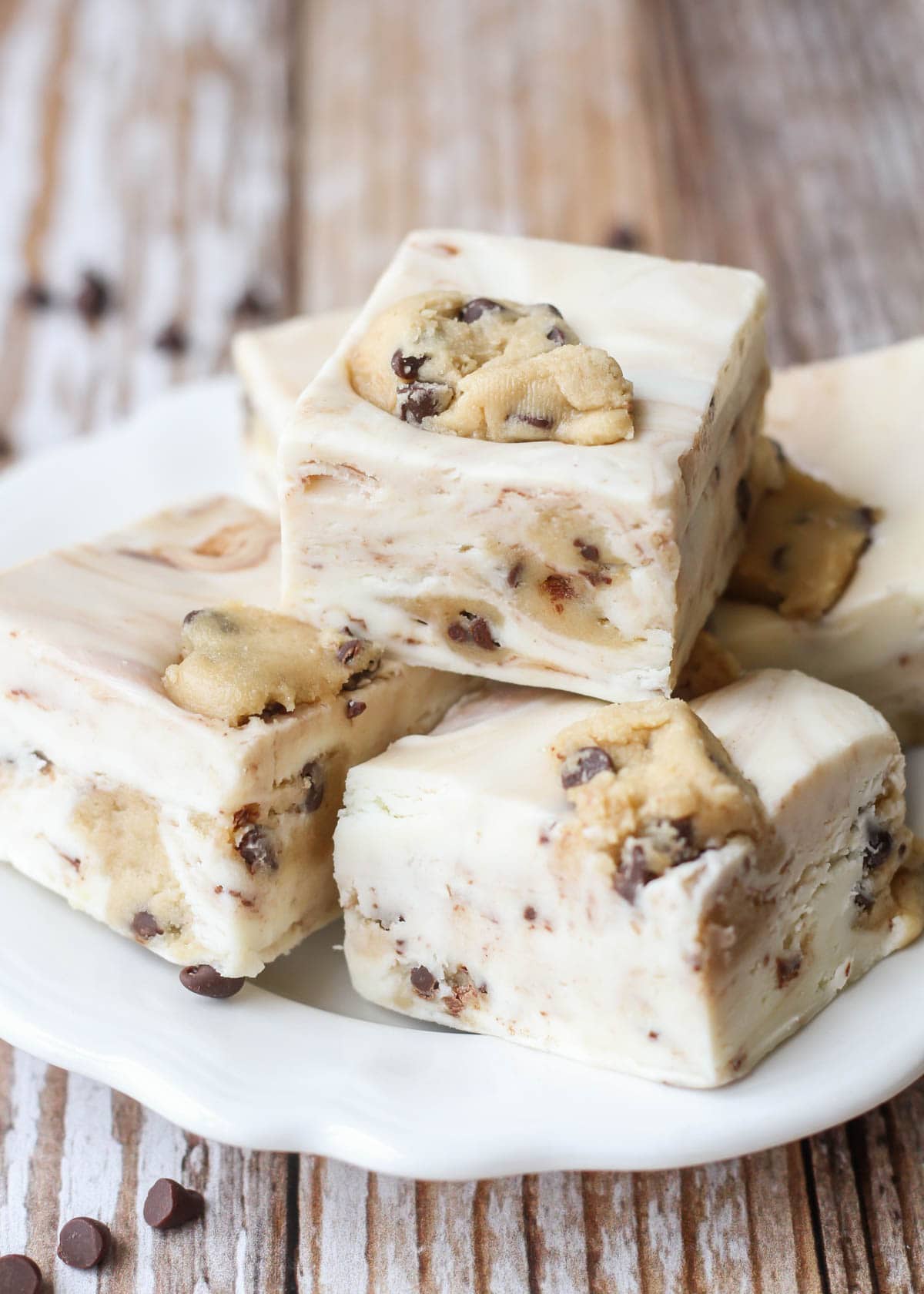 White chocolate cookie dough fudge served on a white plate
