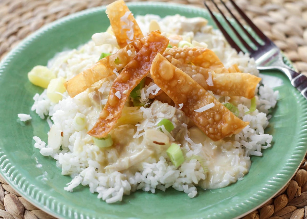 Easy Hawaiian Haystacks recipe on plate topped with wontons.