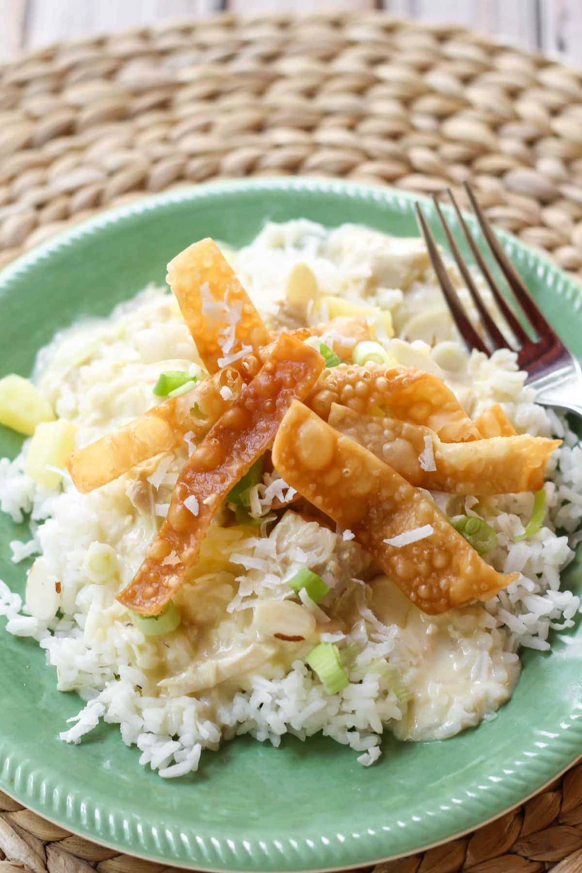 Hawaiian Haystacks recipe on plate topped with fried wontons.