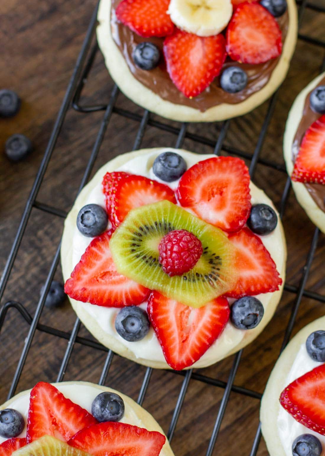 Fruit Pizza Cookies with cream cheese frosting and nutella.