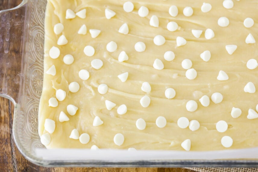 White brownie batter with white chocolate chips on top