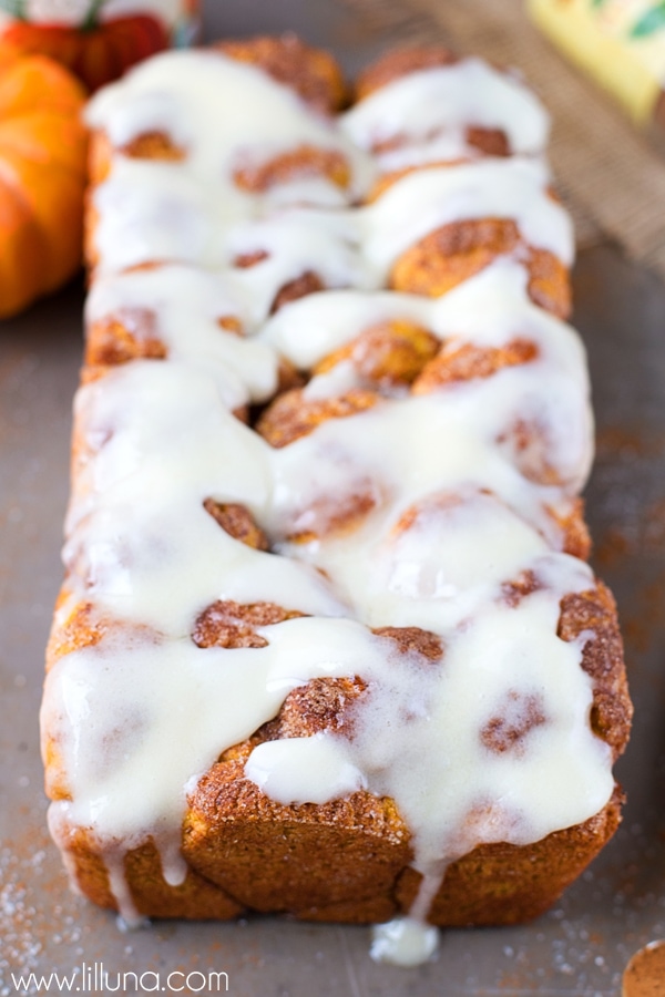 pumpkin bubble bread topped with cream cheese glaze