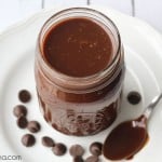 Hot fudge sauce recipe in a mason jar on a white plate.
