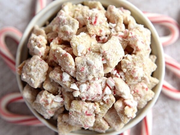 White Chocolate Peppermint Puppy Chow ~ made with Chex cereal and candy canes, this holiday snack mix is perfect for serving at parties or giving as a gift to neighbors and friends | FiveHeartHome.com for LilLuna.com