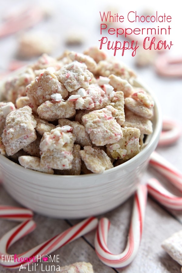 White Chocolate Peppermint Puppy Chow ~ made with Chex cereal and candy canes, this holiday snack mix is perfect for serving at parties or giving as a gift to neighbors and friends!