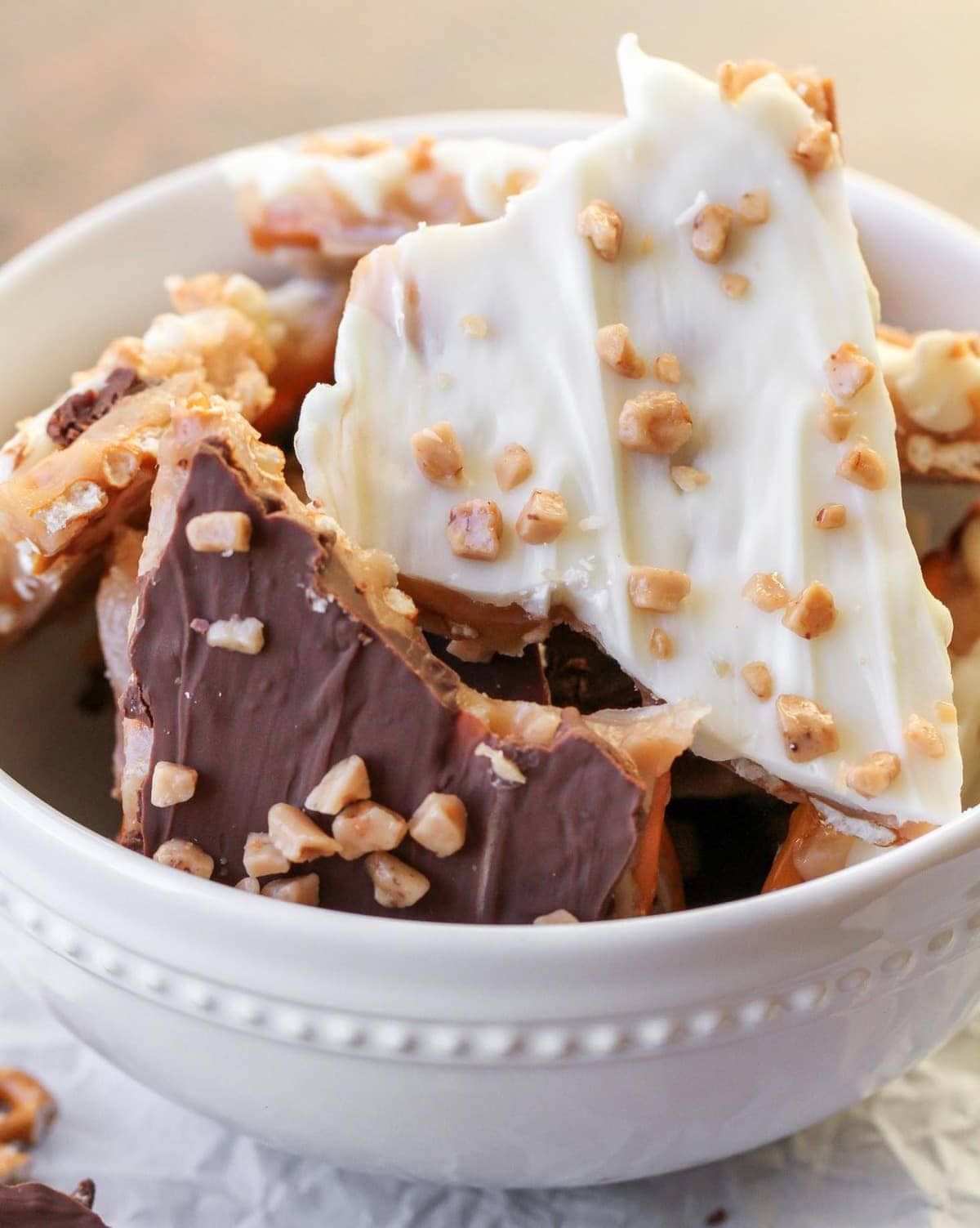 Pretzel toffee in white bowl