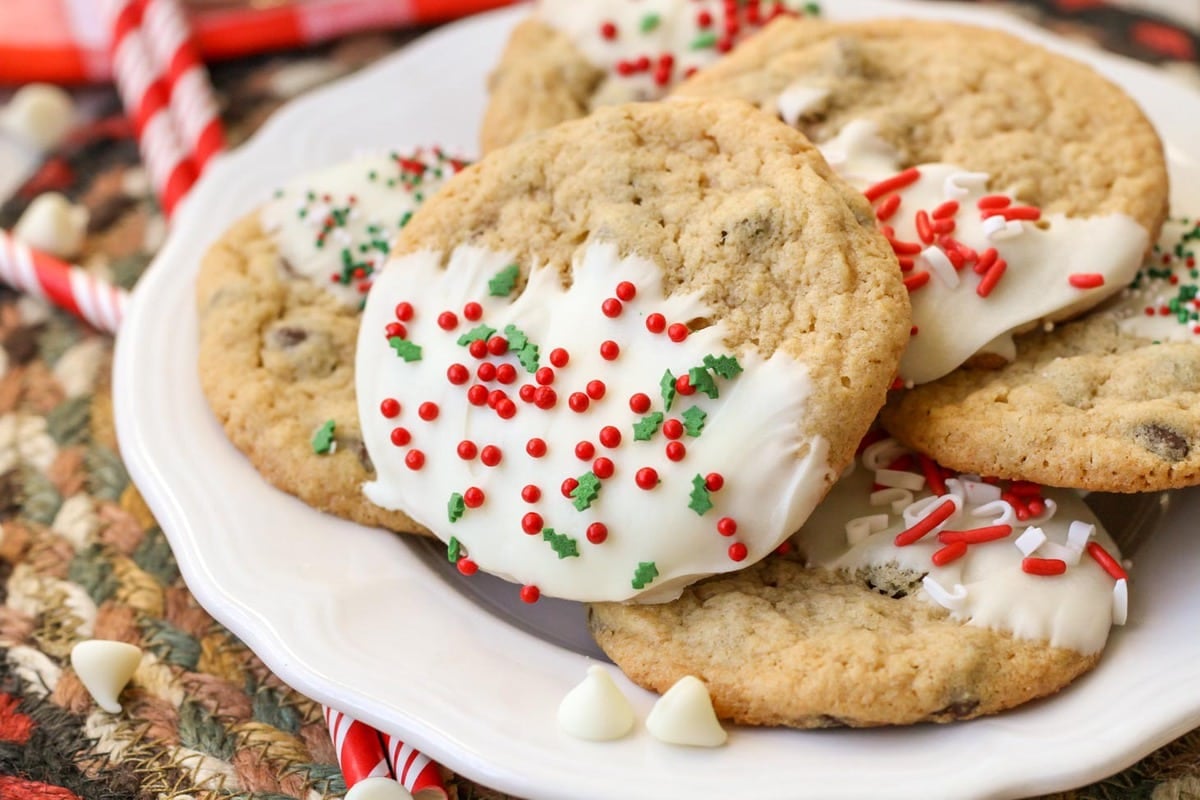 Christmas chocolate chip cookies in candy coating