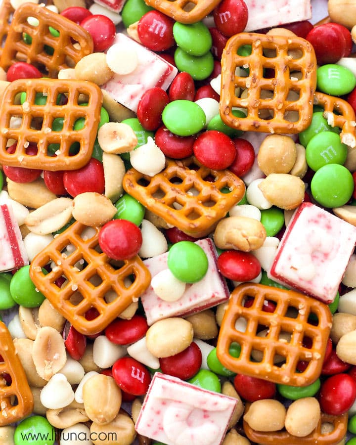 A pile of Christmas snack mix