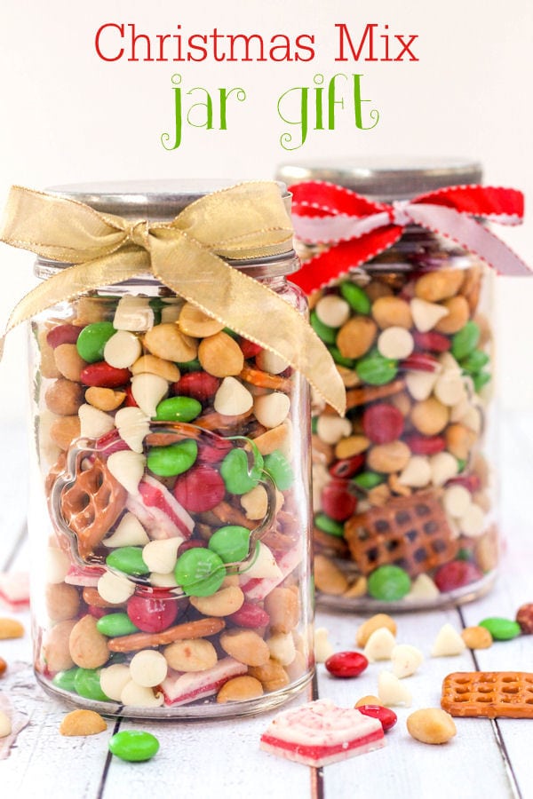 glass jar filled with Christmas snack mix