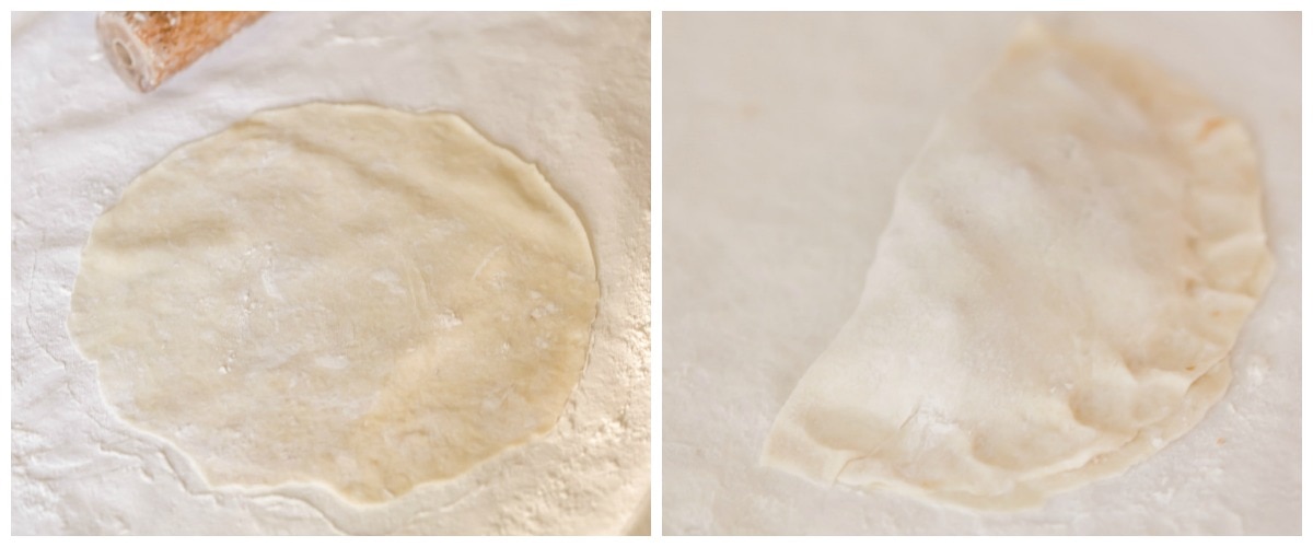 Our favorite Mexican dish - Beef Empanadas in Red Chili sauce. This crispy, airy taco made from dough and filled with red chile sauce, shredded beef, and olives is one of our favorite Mexican recipes! How to Make Empanadas - process shots of rolling and folding dough