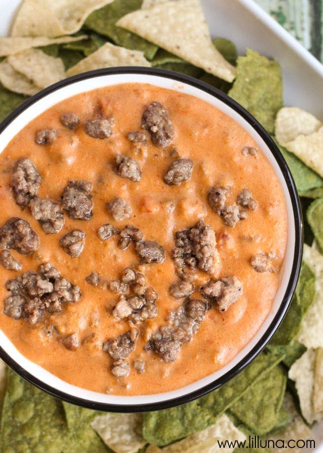 hamburger dip in white bowl with tortilla chips