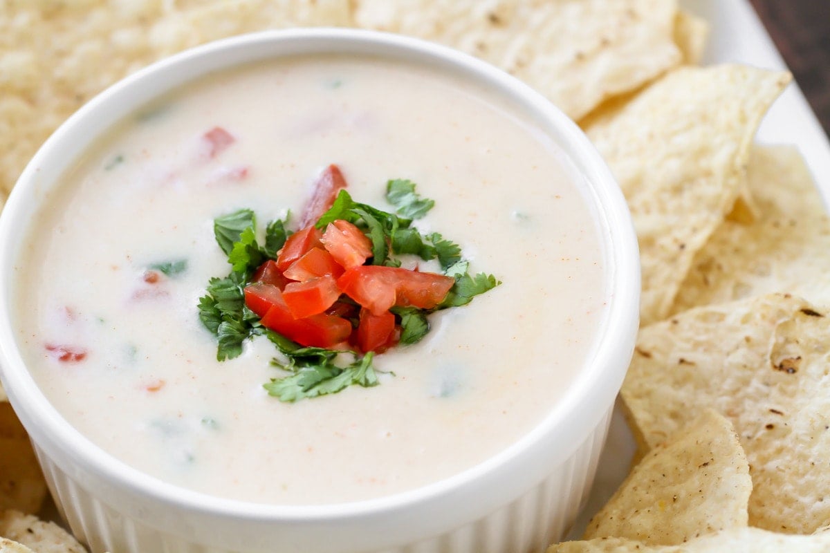 Mexican Christmas food - a bowl of queso blanco served with chips.