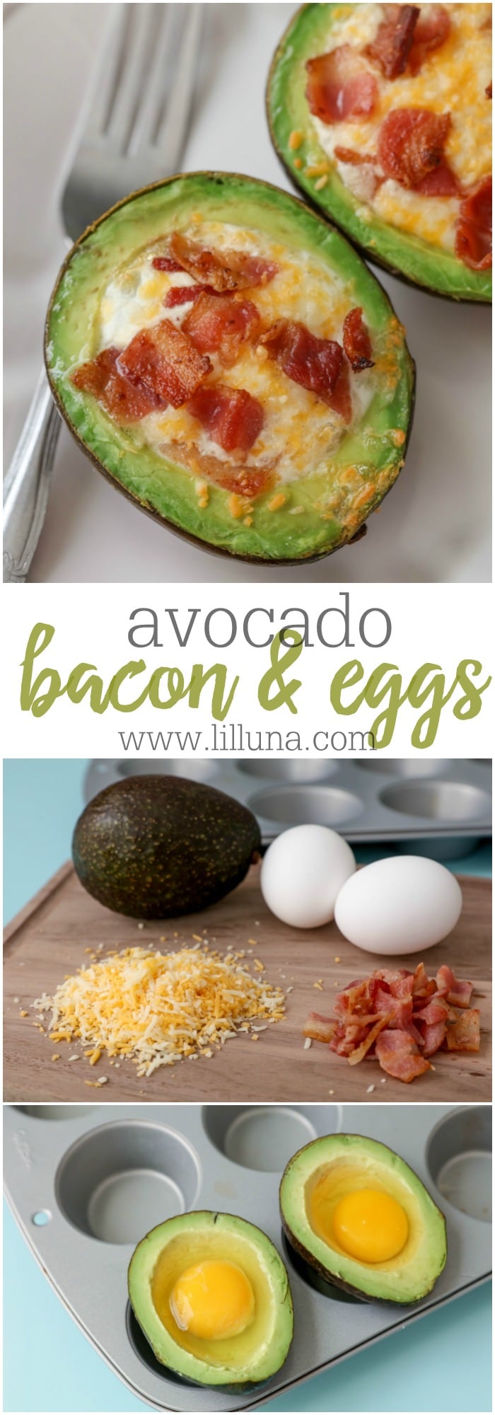 Avocado Bacon and eggs - one of our favorite breakfast recipes. They're topped with cheese and so delicious!