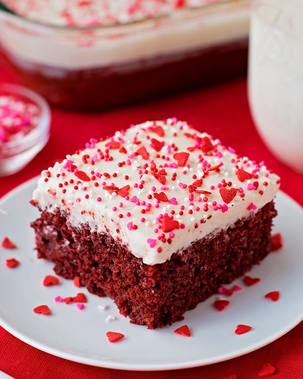 Red Velvet Poke Cake Recipe on white plate