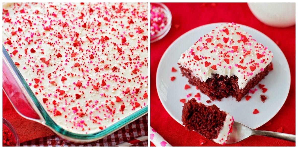 Red Velvet poke cake covered in white frosting and heart sprinkles.
