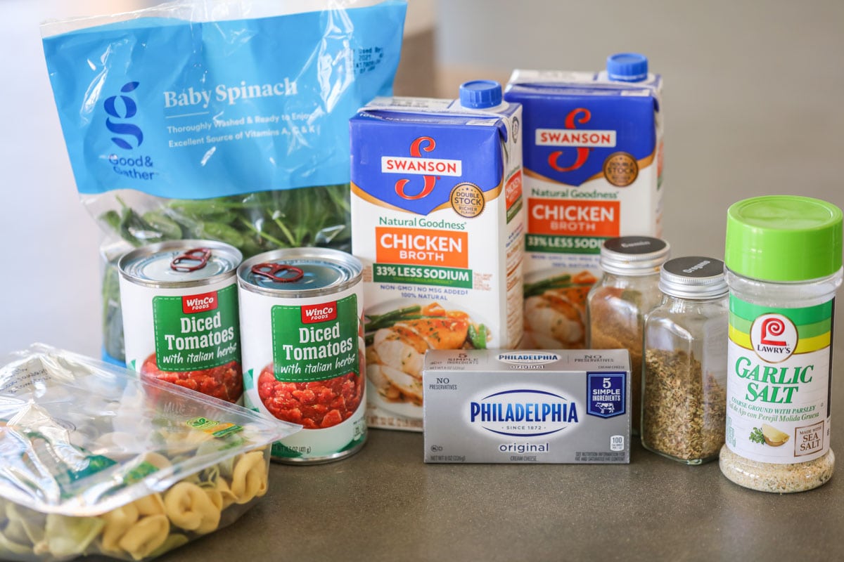 Ingredients for soup on a countertop.