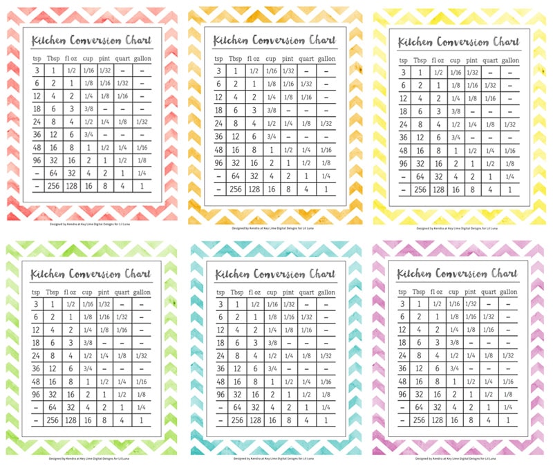 FREE Kitchen Conversion Charts Print - available in 6 colors. Download at { lilluna.com } Handy to have when you can't remember those conversions!!