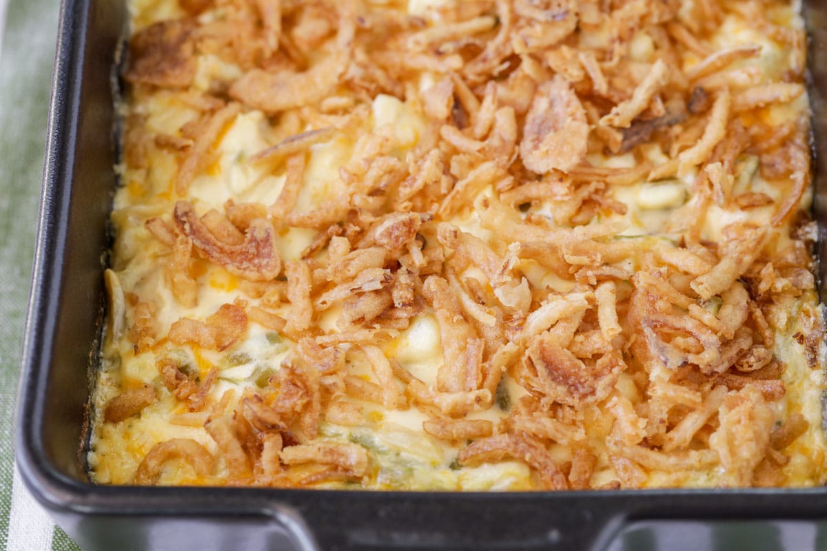 Chicken casserole in a baking dish with french onions
