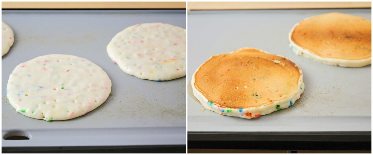 Funfetti Pancakes on griddle
