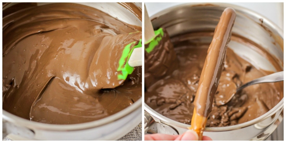 How to make chocolate covered pretzel rods process pics