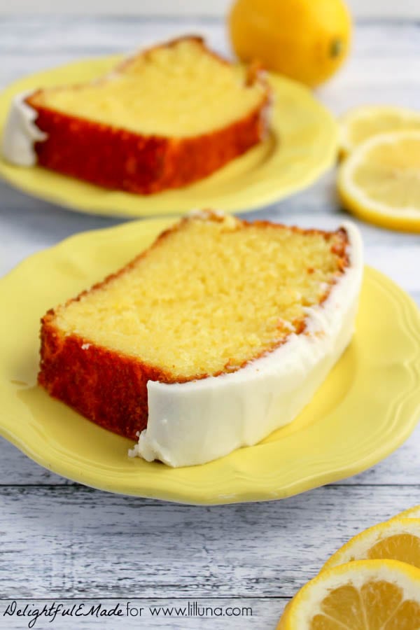 slices of starbucks lemon pound cake on yellow plates