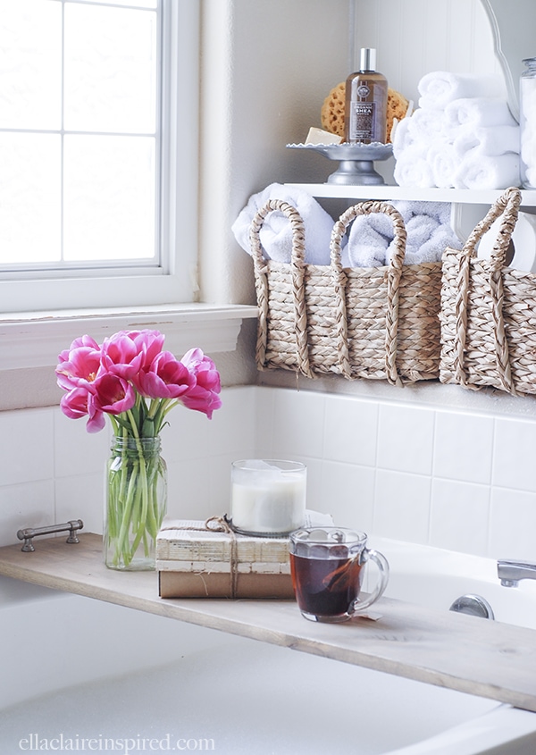 This easy DIY bathtub tray is perfect to hold your drink and your favorite book while you soak! 