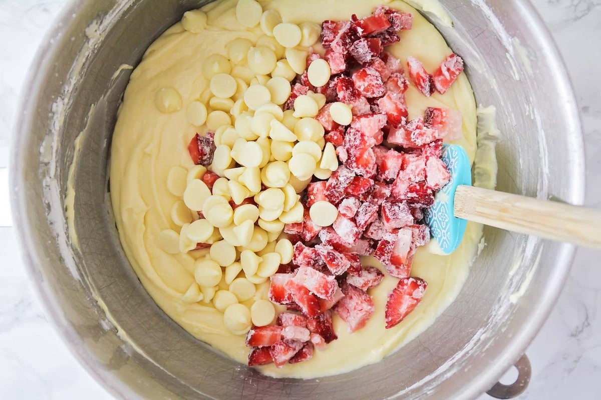 Strawberry pound cake batter in mixing bowl