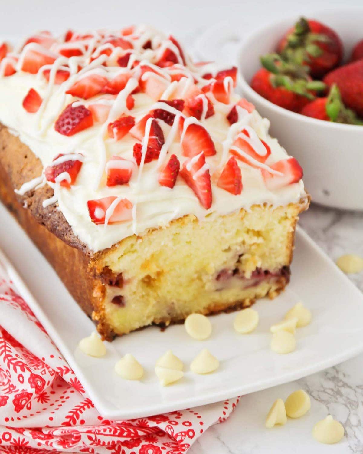 Strawberry pound cake with glaze close up