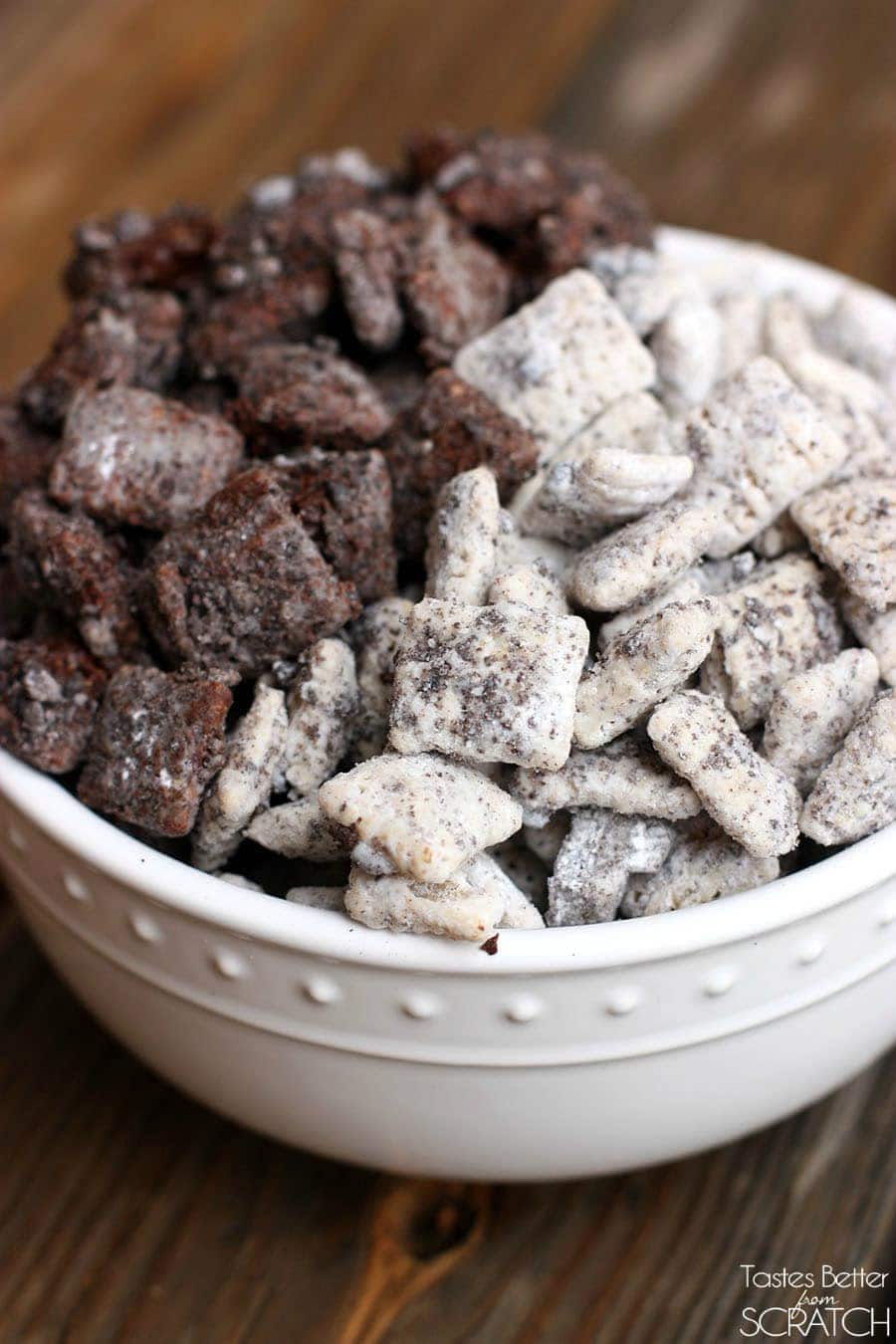 Cookies and Cream puppy chow in a white bowl