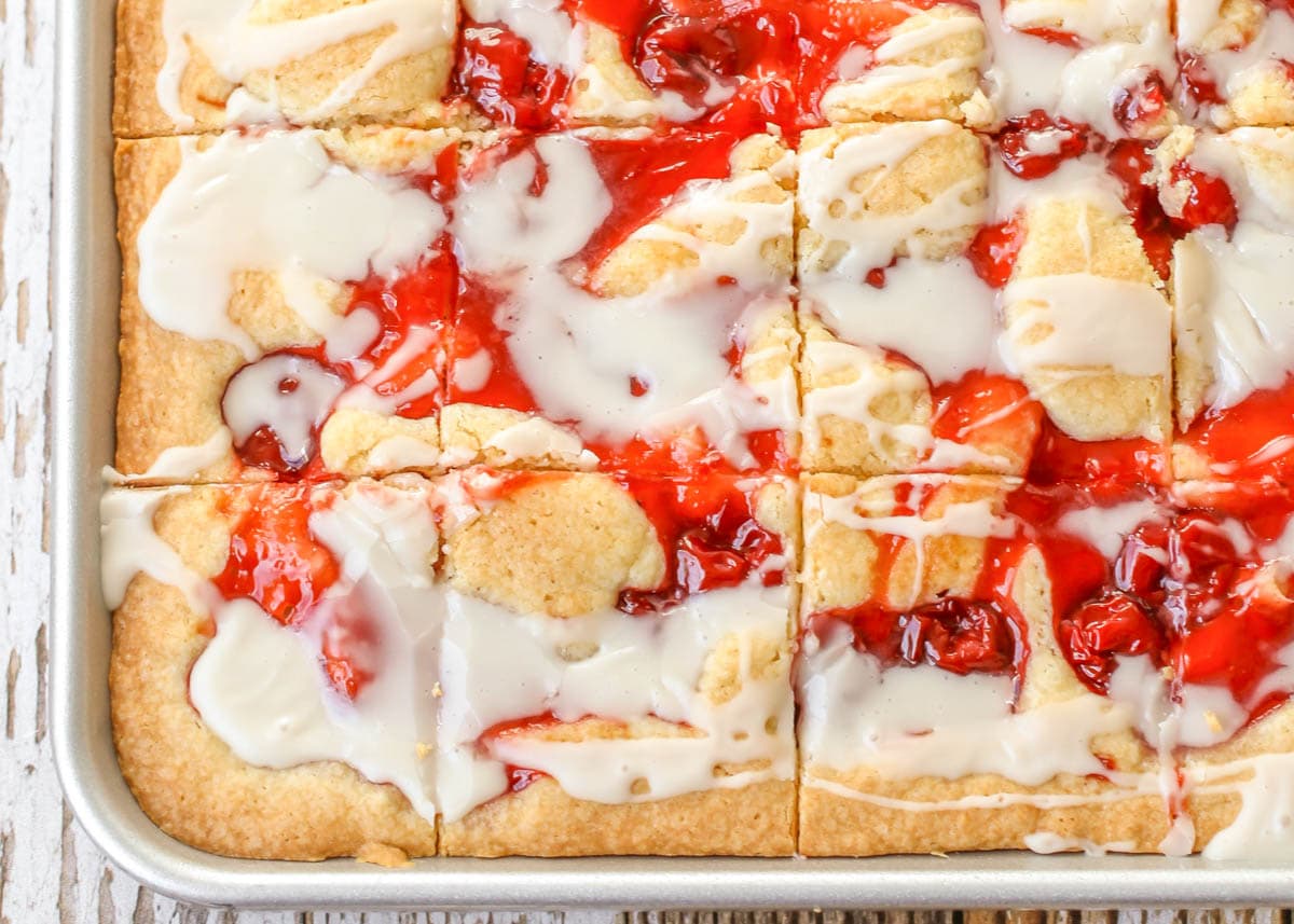 Valentine's Day Desserts - Cherry Bars in a metal sheet pan. 