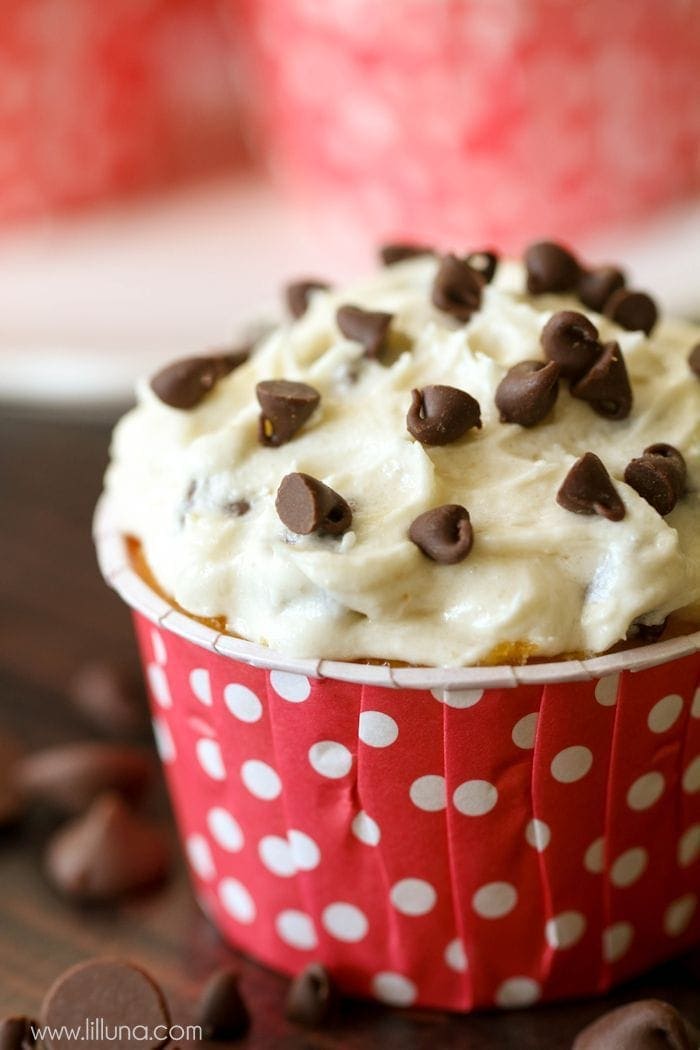 close up of Homemade Chocolate Chip Frosting on a cupcake.