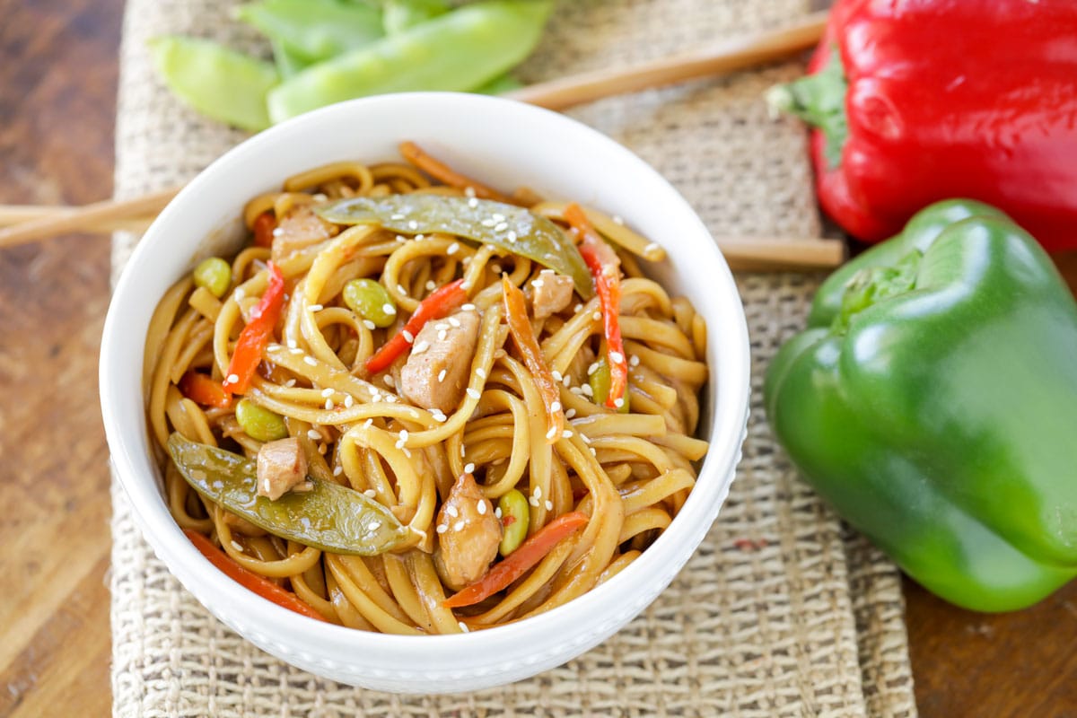 Crock pot chicken lo mein in a white bowl