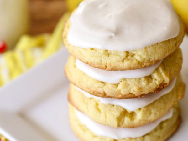 A stack of frosted lemon cookies.