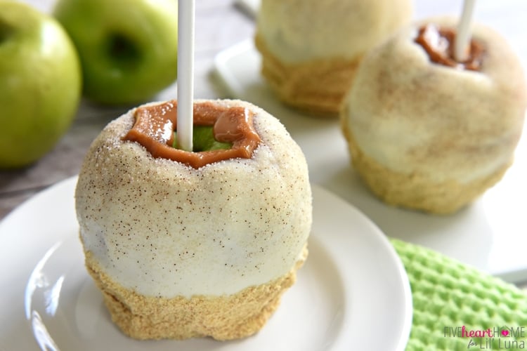 Fall dessert recipes - apple pie caramel apple on a white plate.