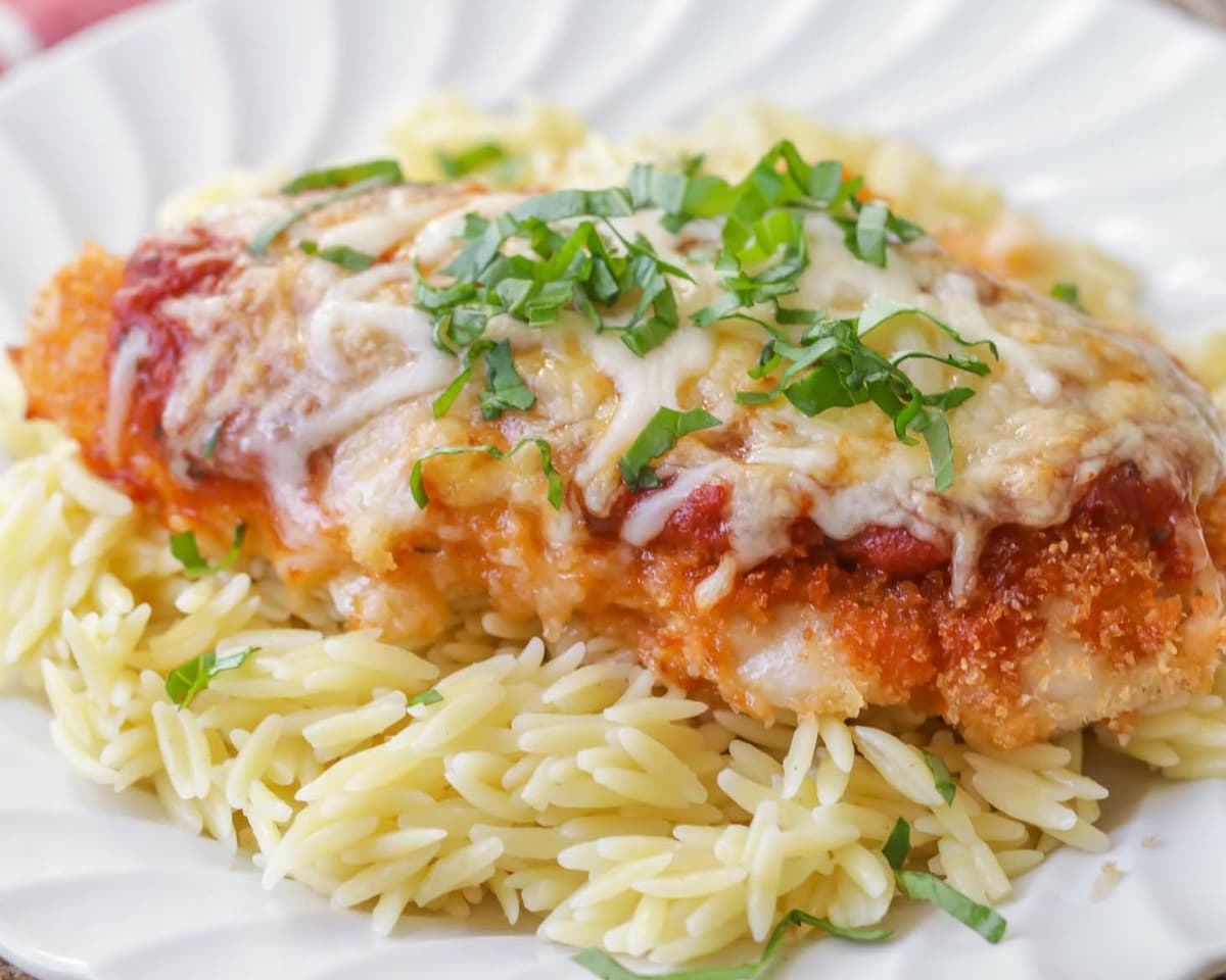 Baked Chicken Parmesan served over orzo pasta on a white plate.