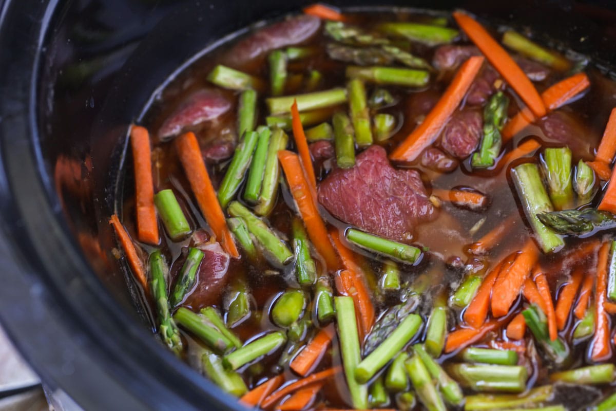 mongolian beef ingredients in a crock pot