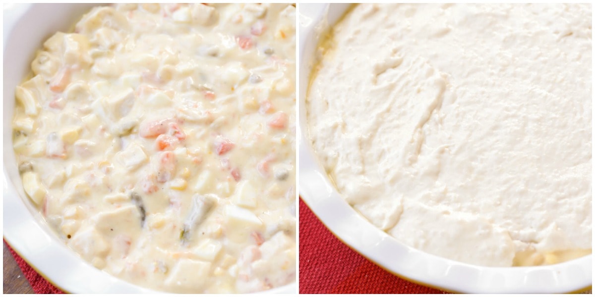 Process shots of the pot pie filling in the dish, then topped with crust mixture