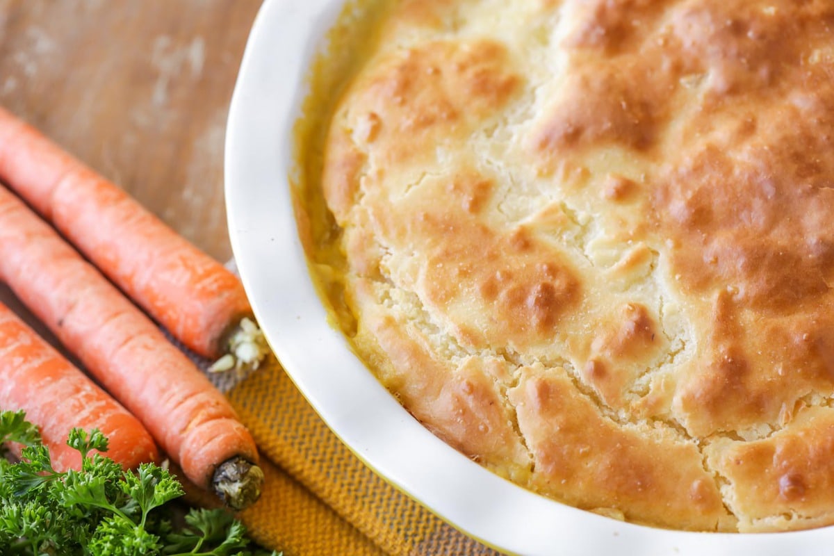 Freshly baked easy chicken pot pie with a golden crust.