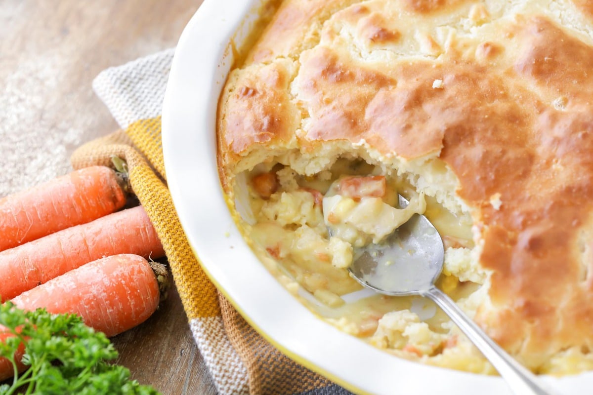 Bisquick chicken pot pie, filled with carrots, corn, chicken, and hard boiled egg.