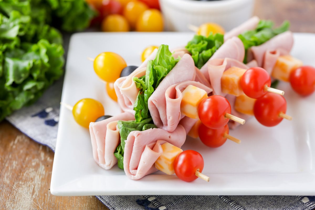 Lunch kabobs served on a platter.