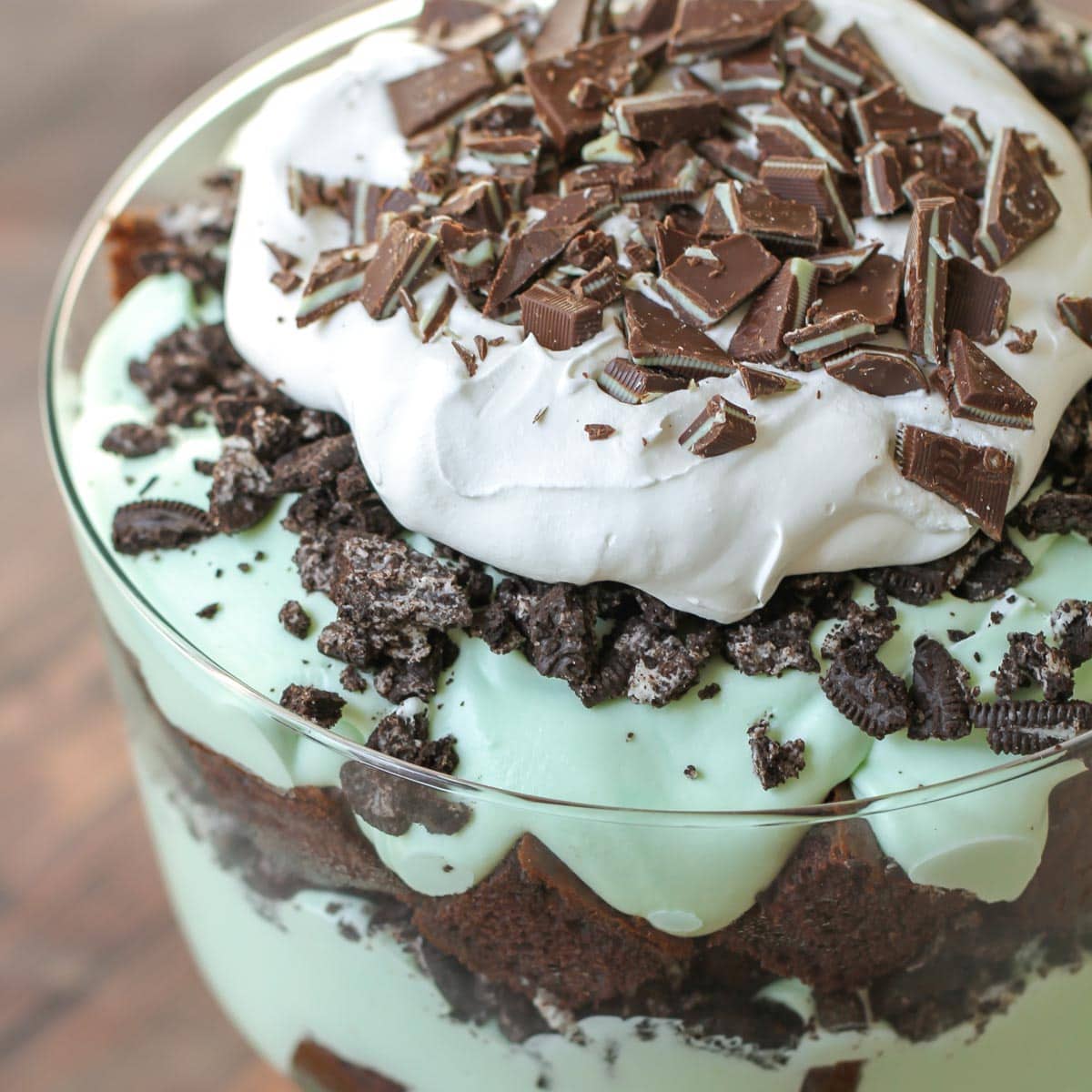 Andes mint trifle in a trifle dish