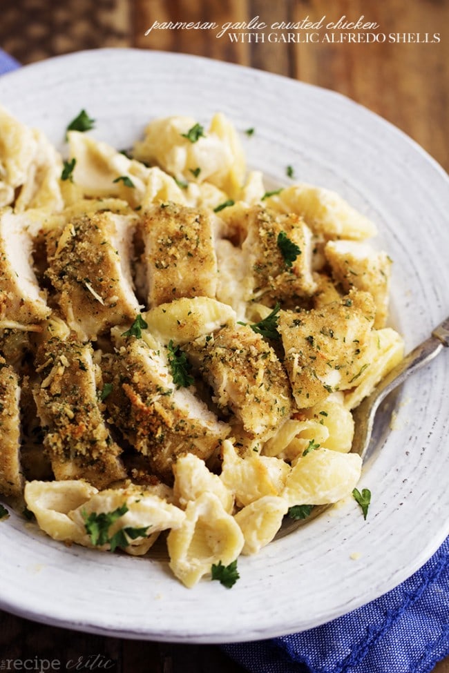 Parmesan Garlic Crusted Chicken with Garlic Alfredo Shells