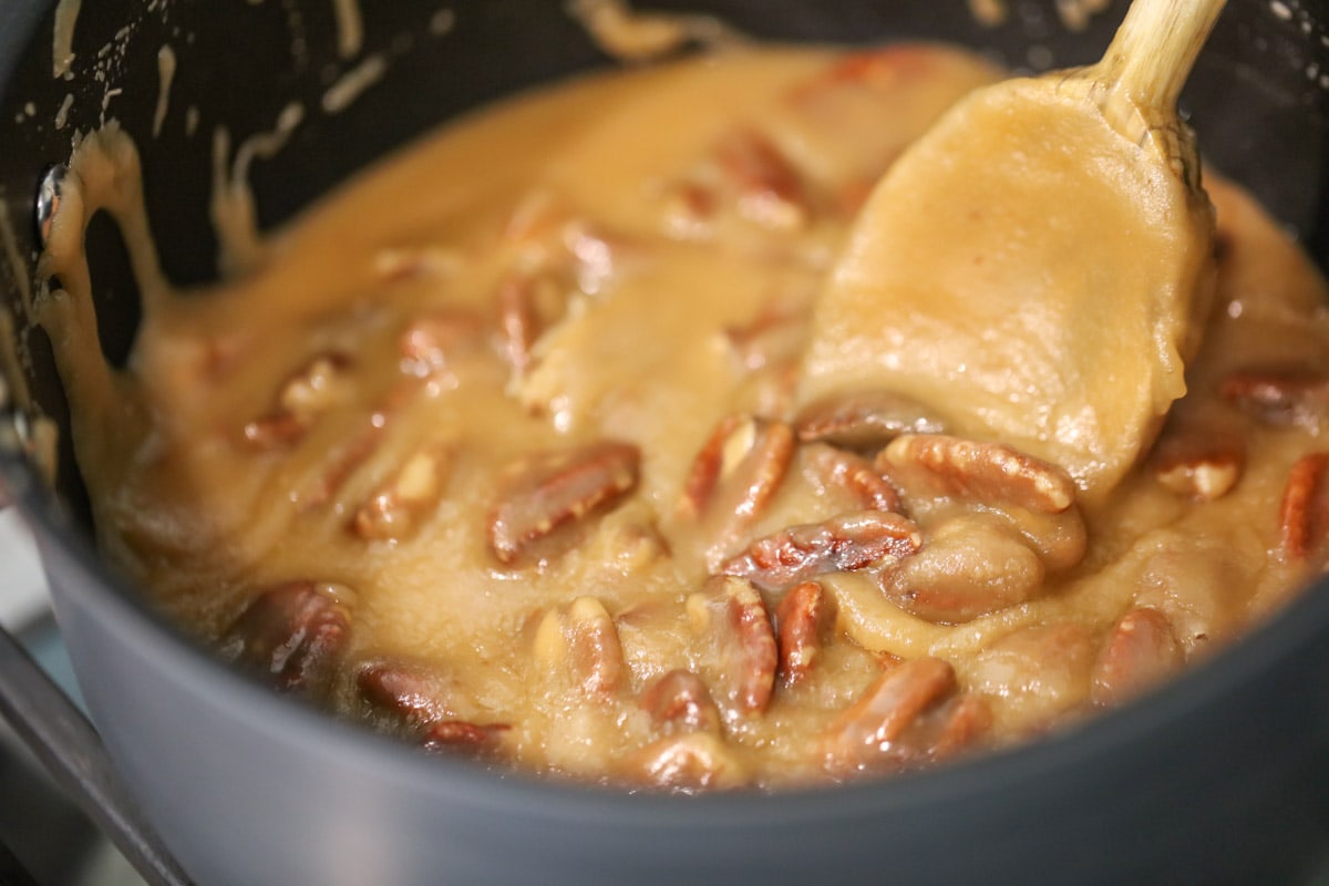 candy pecan praline mixture in a pot