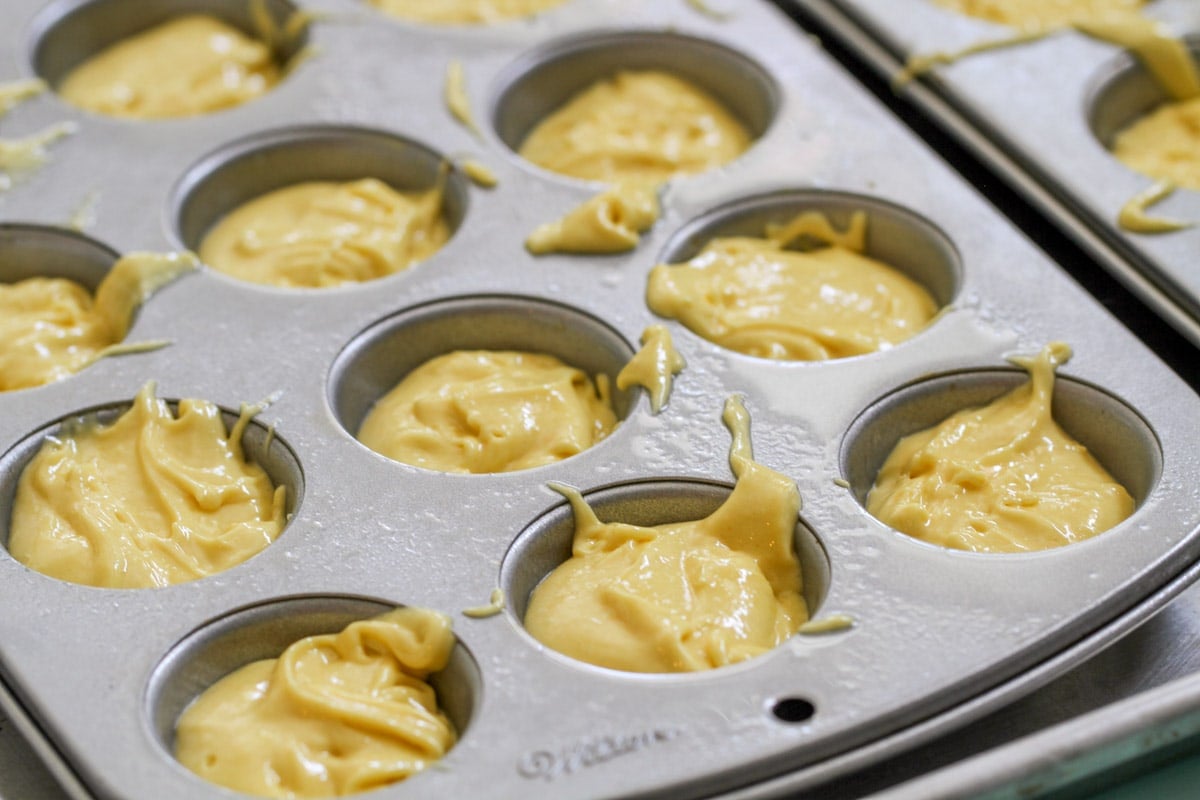 yellow batter in muffin tins