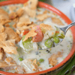 The ultimate comfort food right here! This creamy, delicious Chicken Pot Pie Soup has all your favorite vegetables, big chunks of chicken, and even seasoned pie crust crumbled on top. It's the perfect bowl of soup to warm your tummy and soul!