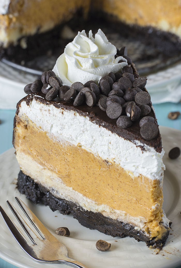 Layered Pumpkin Cheesecake topped with chocolate chips and whipped cream