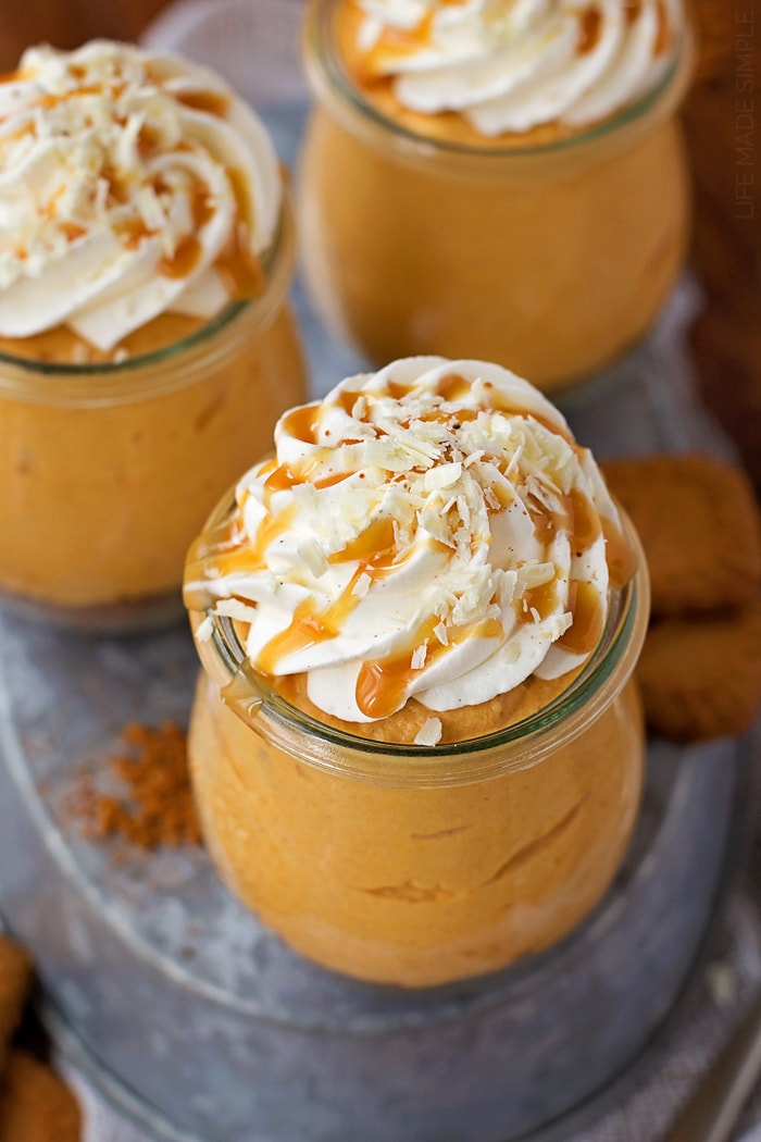 Easy No Bake Pumpkin Cheesecake  served in a jar.