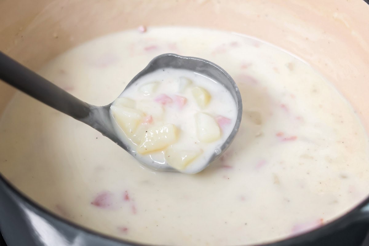 A ladle of ham and potato soup from a dutch oven of soup.
