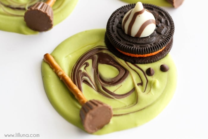 Halloween dinner ideas - green melted witch bark served with an Oreo witch hat.